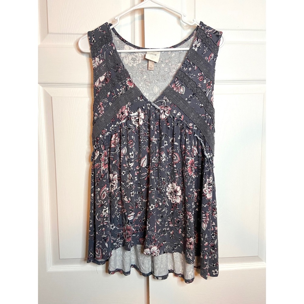 Knox Rose Floral Crochet Lace Trim Sleeveless High Low Babydoll Top Gray Pink L